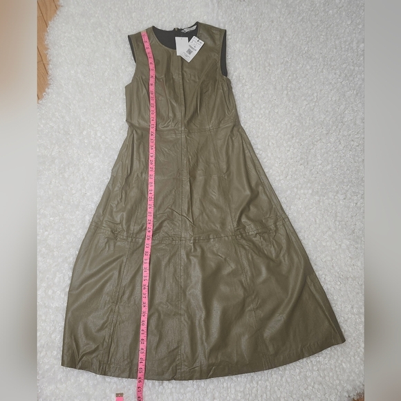 BNWT Stradivarius Olive Faux Leather Flare Midi Dress Sz L Sleek Look Night Out - Picture 7 of 9